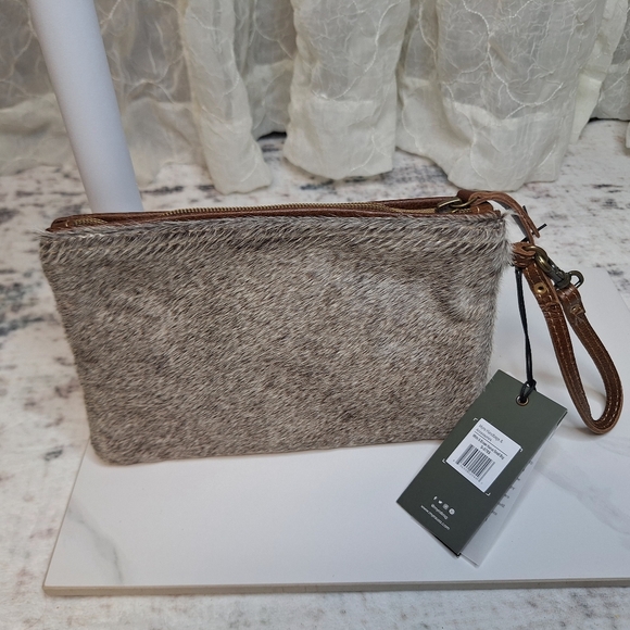 Myra Bag Genuine Leather Cowhide Hairon Wristlet Brown & White Boutique - Picture 5 of 11